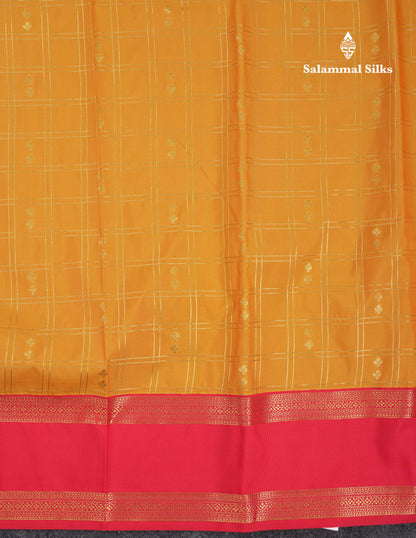 Beautiful Mango Yellow Checks And Buttas Semi Silk Saree With Red Traditional Double Border