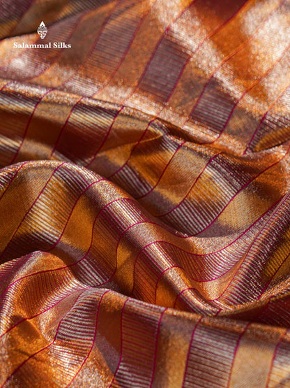 Beautiful Gold & Red Tissue Bridal Pure Kanjivaram Silk Saree With Contrast Brown Broder