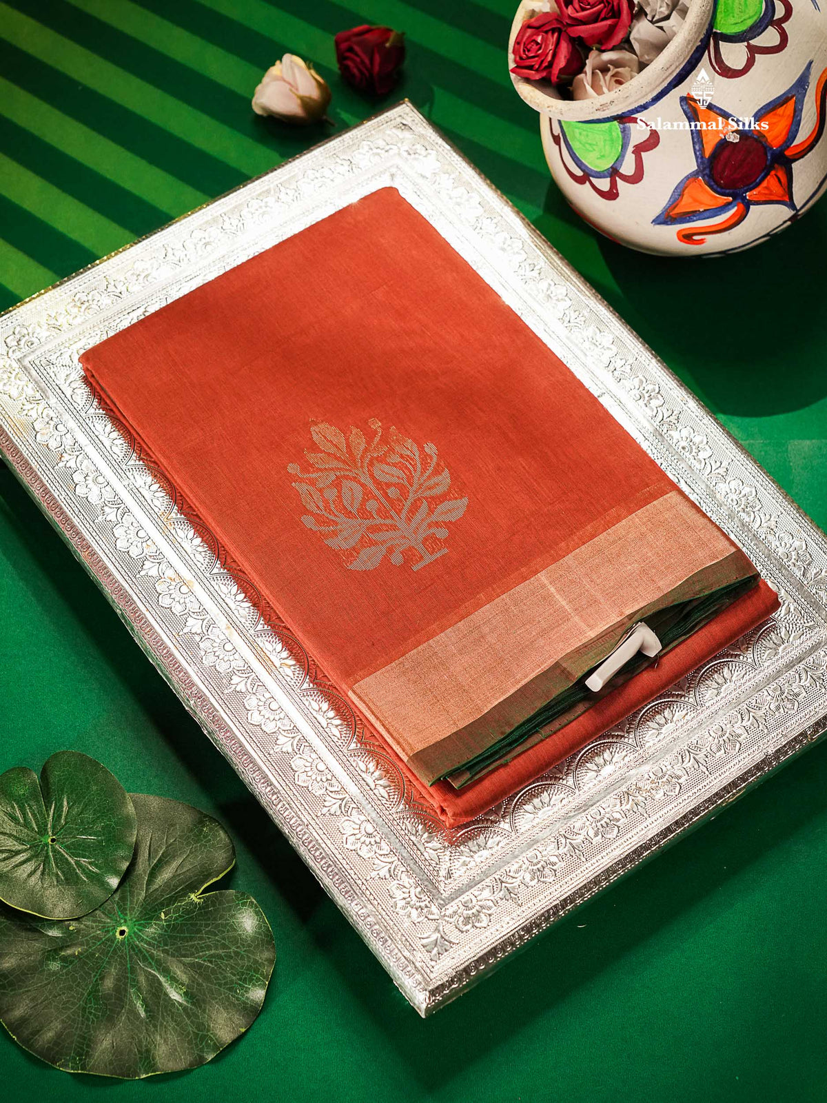 SICO Cotton Saree - Peach Colour Body Zari Butta With Bottle Green Blouse