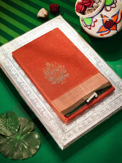 SICO Cotton Saree - Peach Colour Body Zari Butta With Bottle Green Blouse