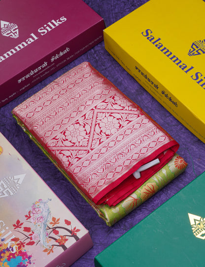 Beautiful Parrot Green Tissue Bridal Semi Silk Saree With Contrast Pinkish Red Traditional Evening Morning Border