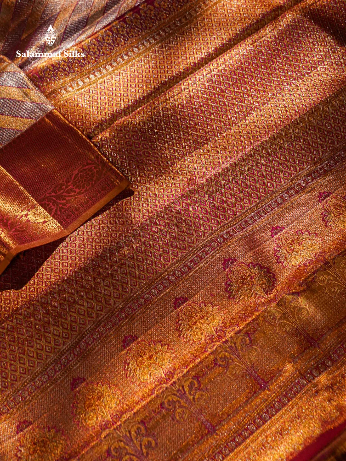 Beautiful Gold & Red Tissue Bridal Pure Kanjivaram Silk Saree With Contrast Brown Broder