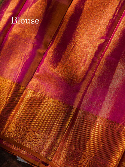 Beautiful Gold & Red Tissue Bridal Pure Kanjivaram Silk Saree With Contrast Brown Broder