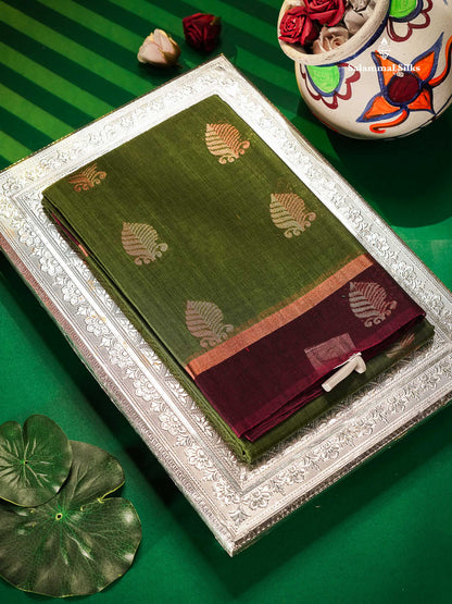 Beautiful Green SICO Cotton Saree With Contrast Magenta Blouse