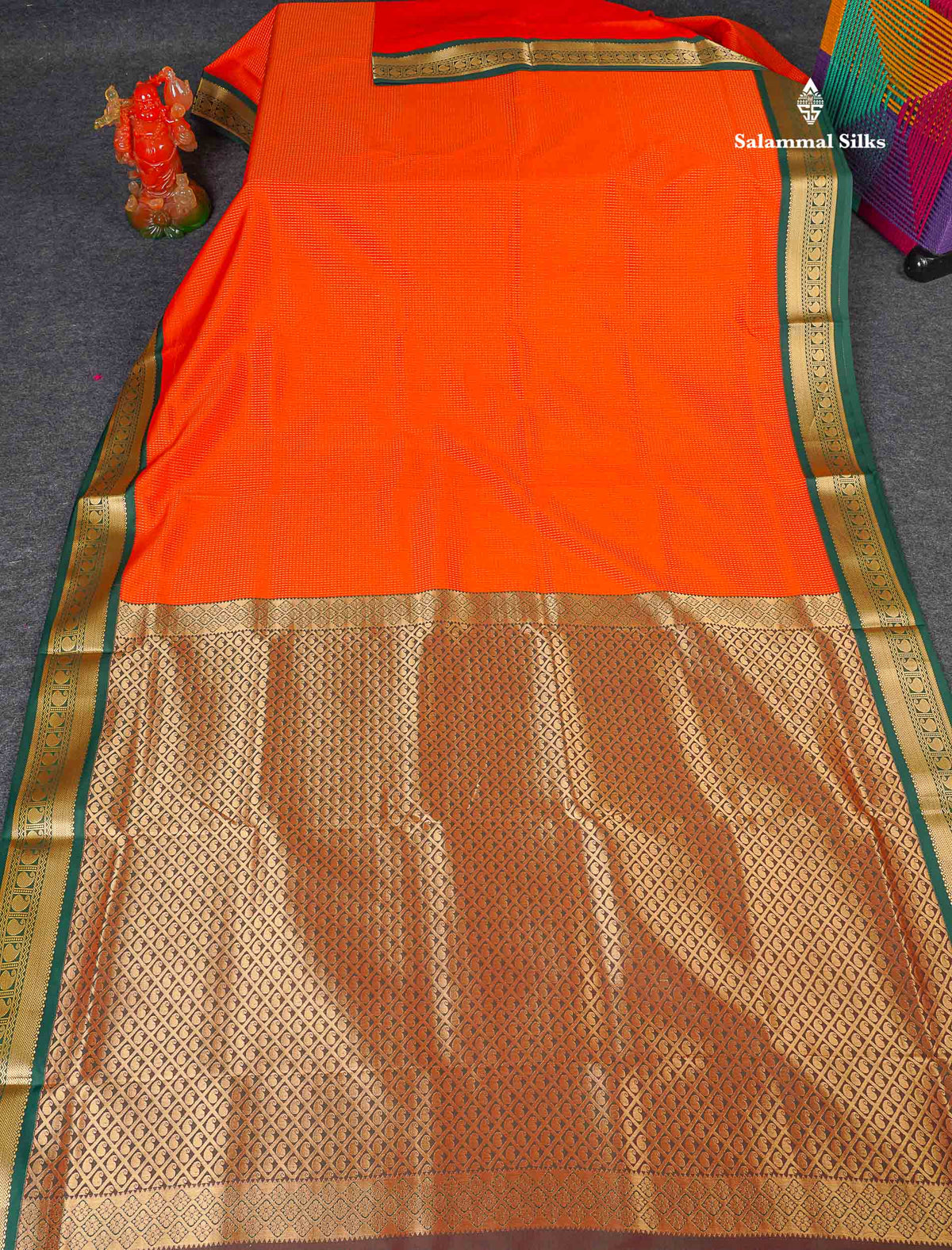 Semi Silk Saree - Dark Orange Colour Body With Contrast Bottle Green Border | 9.5 Yards