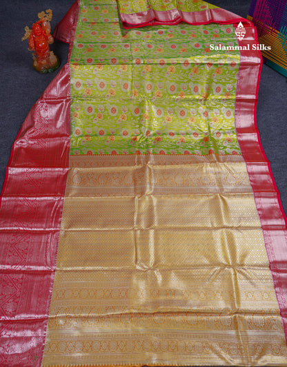 Beautiful Parrot Green Tissue Bridal Semi Silk Saree With Contrast Pinkish Red Traditional Evening Morning Border