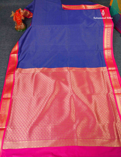 Semi Silk Saree - Royal Blue Colour Body With Contrast Pink Border | 9.5 Yards