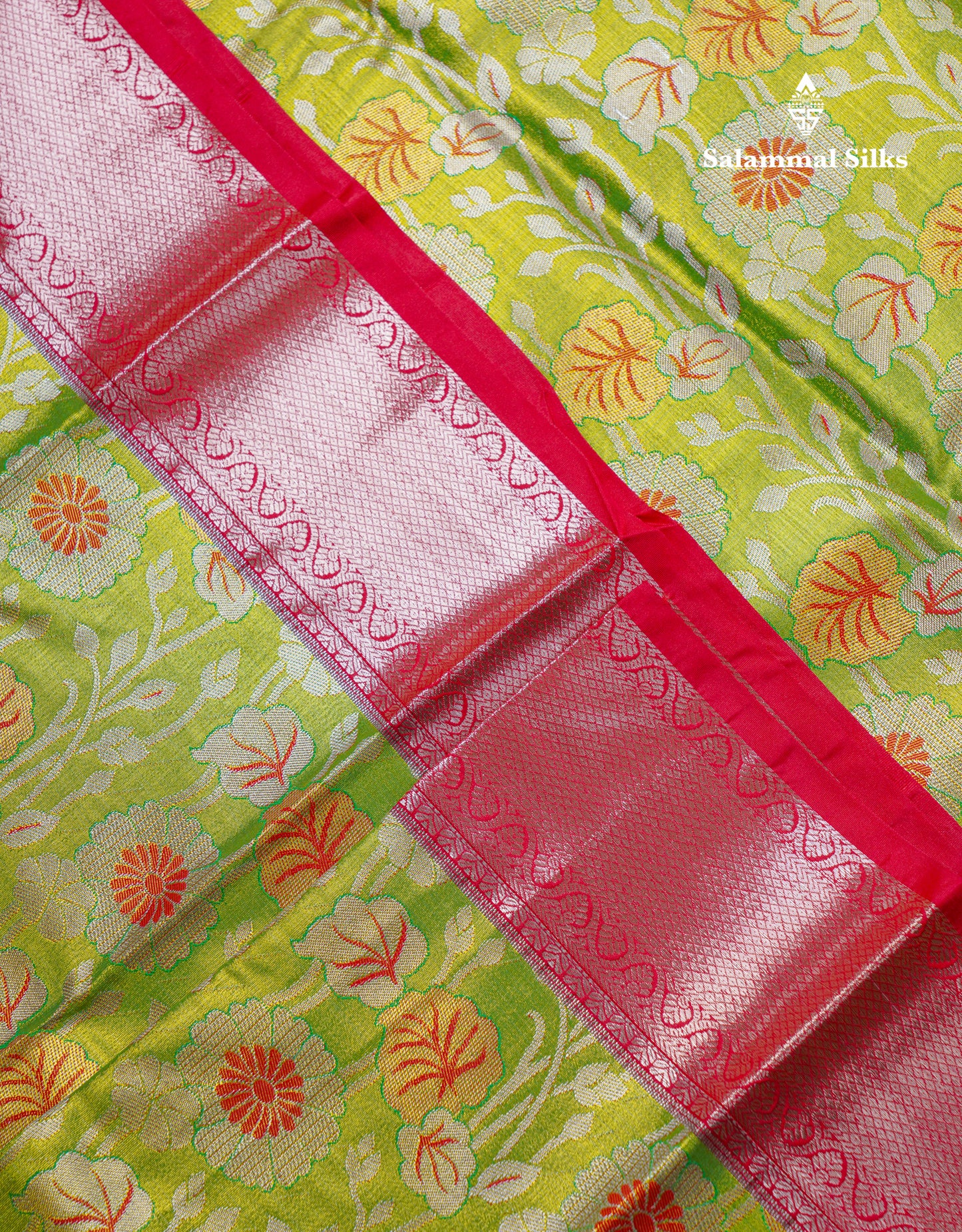 Beautiful Parrot Green Tissue Bridal Semi Silk Saree With Contrast Pinkish Red Traditional Evening Morning Border