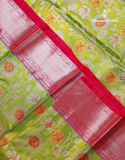 Beautiful Parrot Green Tissue Bridal Semi Silk Saree With Contrast Pinkish Red Traditional Evening Morning Border