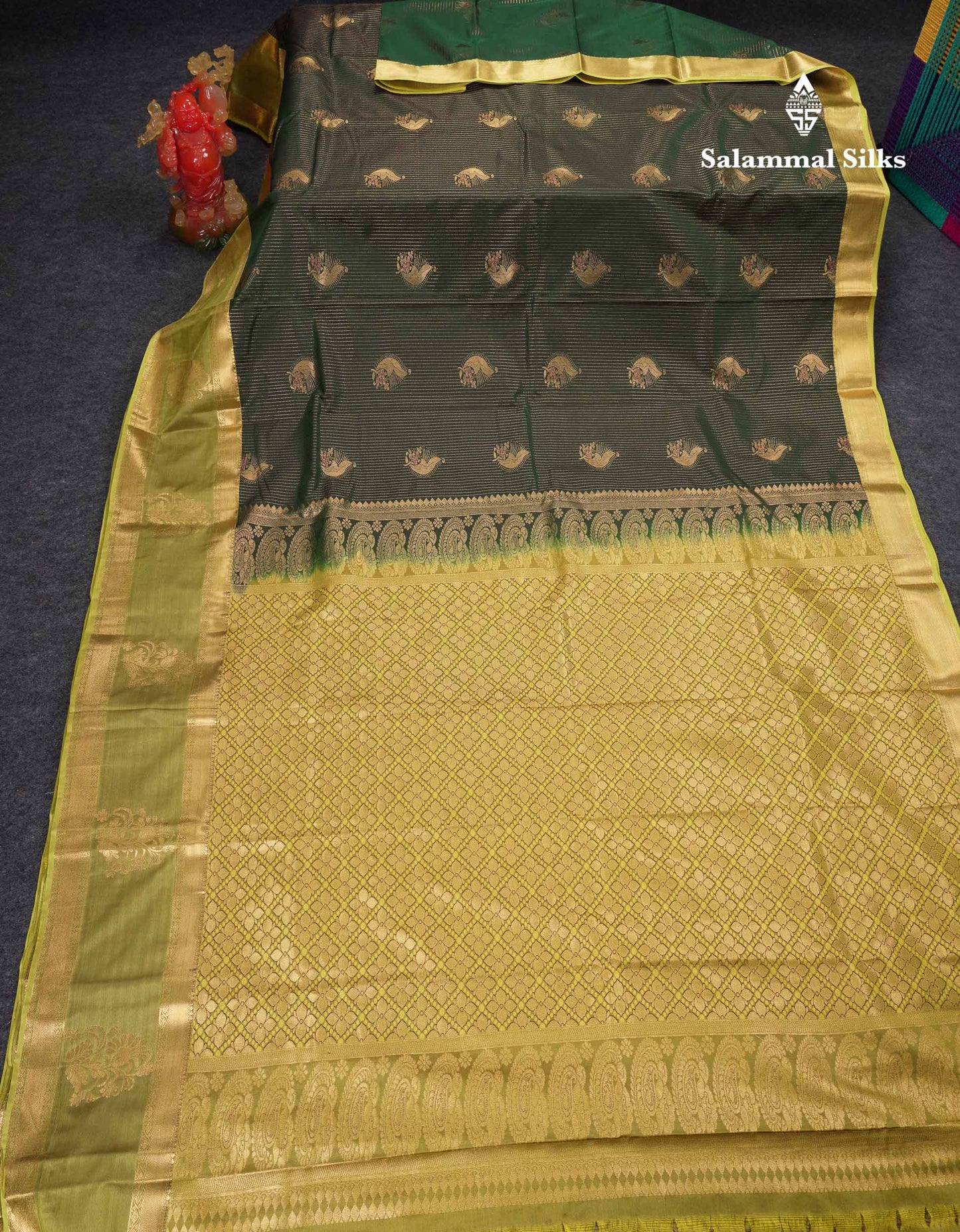 Beautiful Bottle Green Lines And Buttas Semi Silk Saree With Parrot Green Traditional Double Border