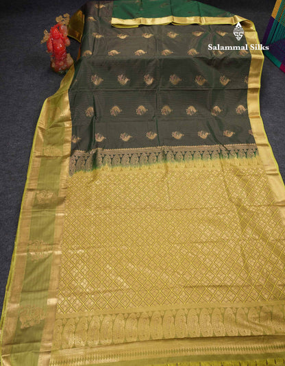 Beautiful Bottle Green Lines And Buttas Semi Silk Saree With Parrot Green Traditional Double Border