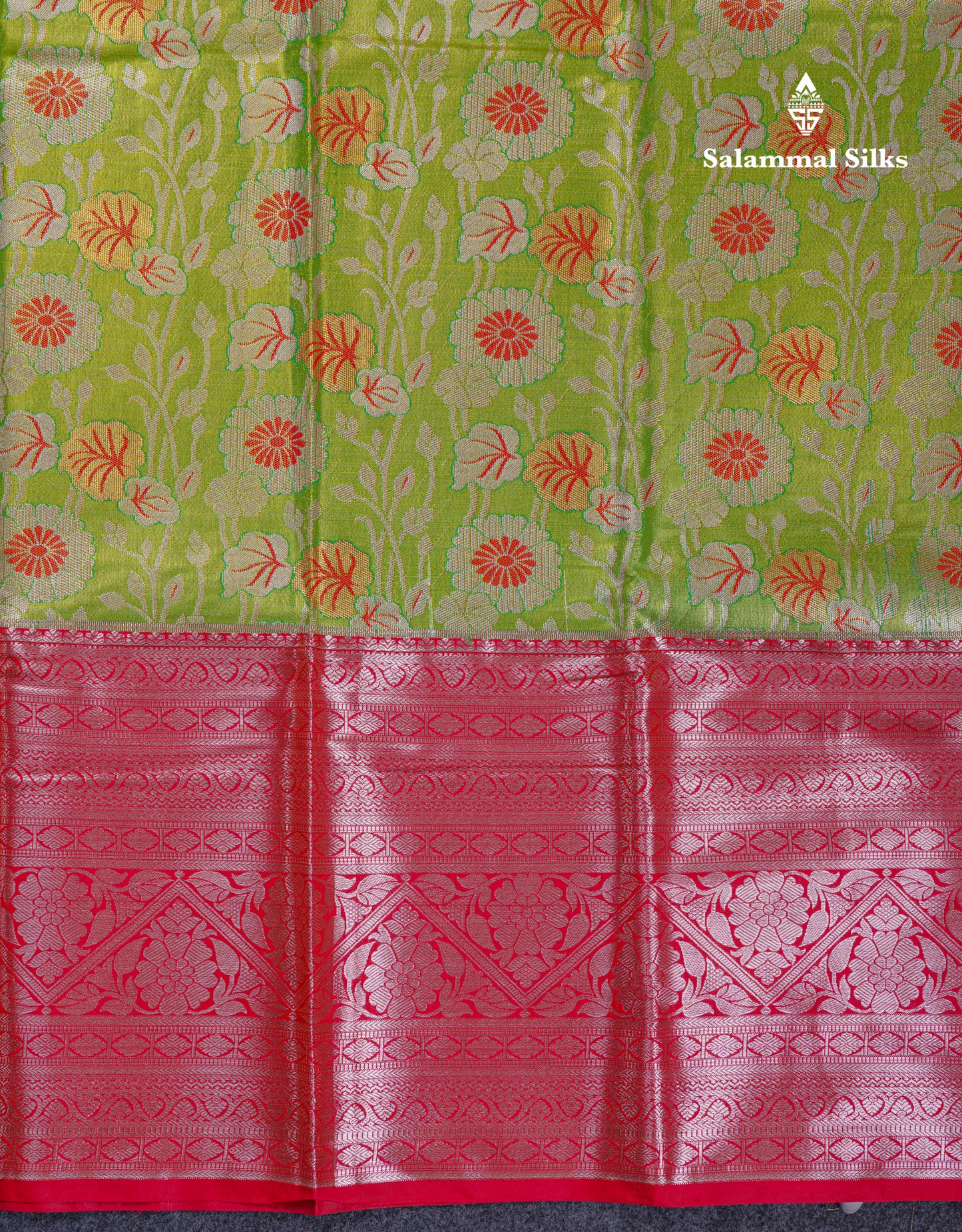 Beautiful Parrot Green Tissue Bridal Semi Silk Saree With Contrast Pinkish Red Traditional Evening Morning Border