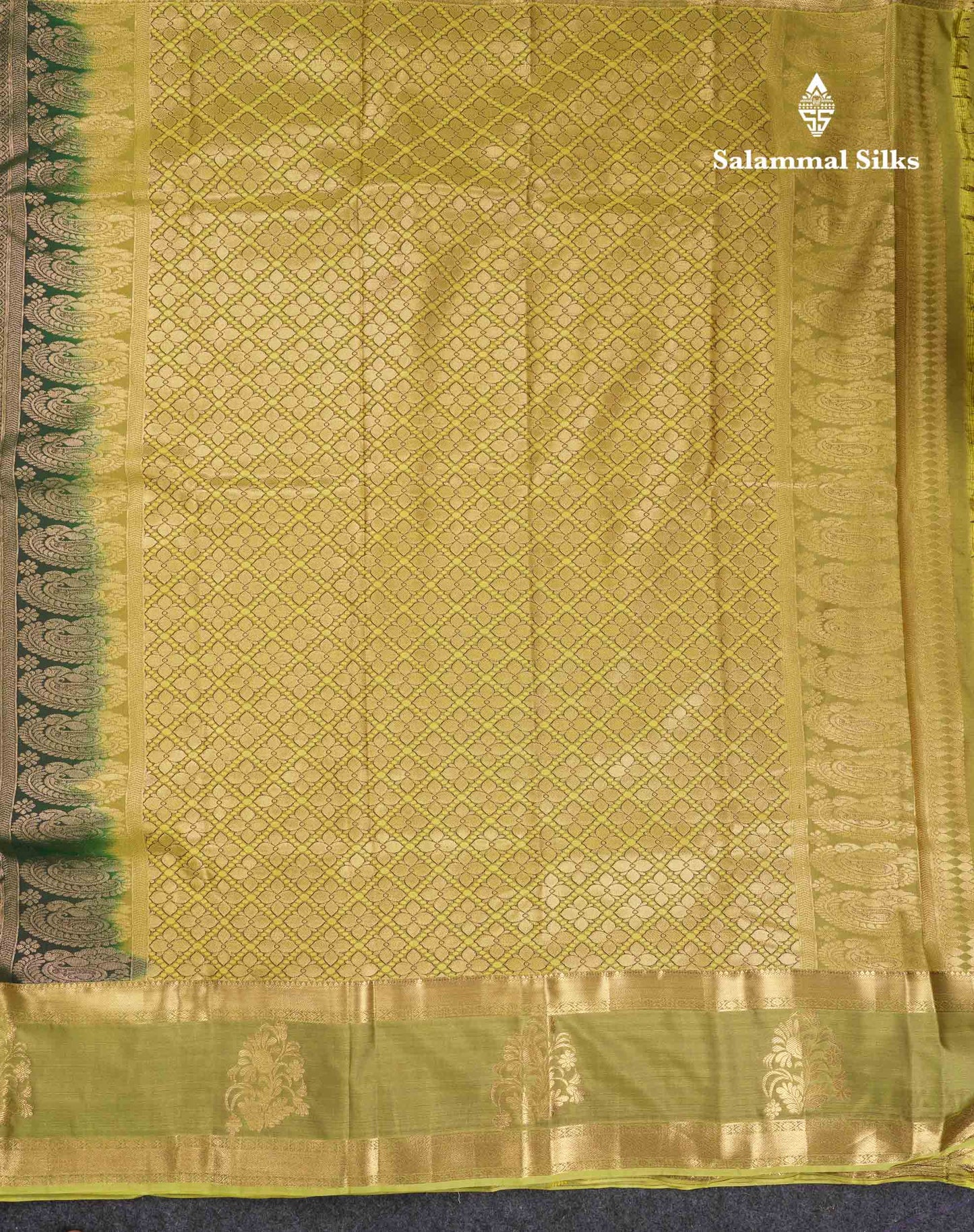 Beautiful Bottle Green Lines And Buttas Semi Silk Saree With Parrot Green Traditional Double Border