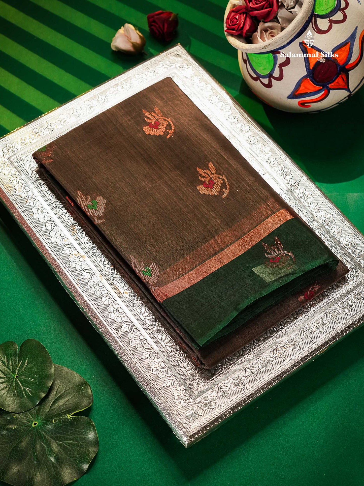 Beautiful Elephant Grey Zari Butta Menakari Work SICO Cotton Saree With Contrast Bottle Green Border