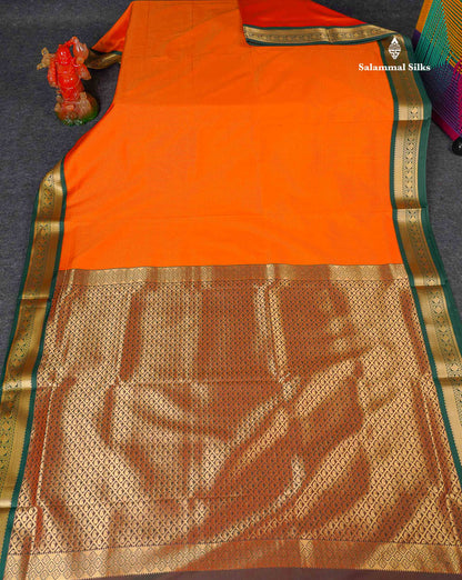 Semi Silk Saree - Orange Colour Body With Contrast Bottle Green Border | 9.5 Yards