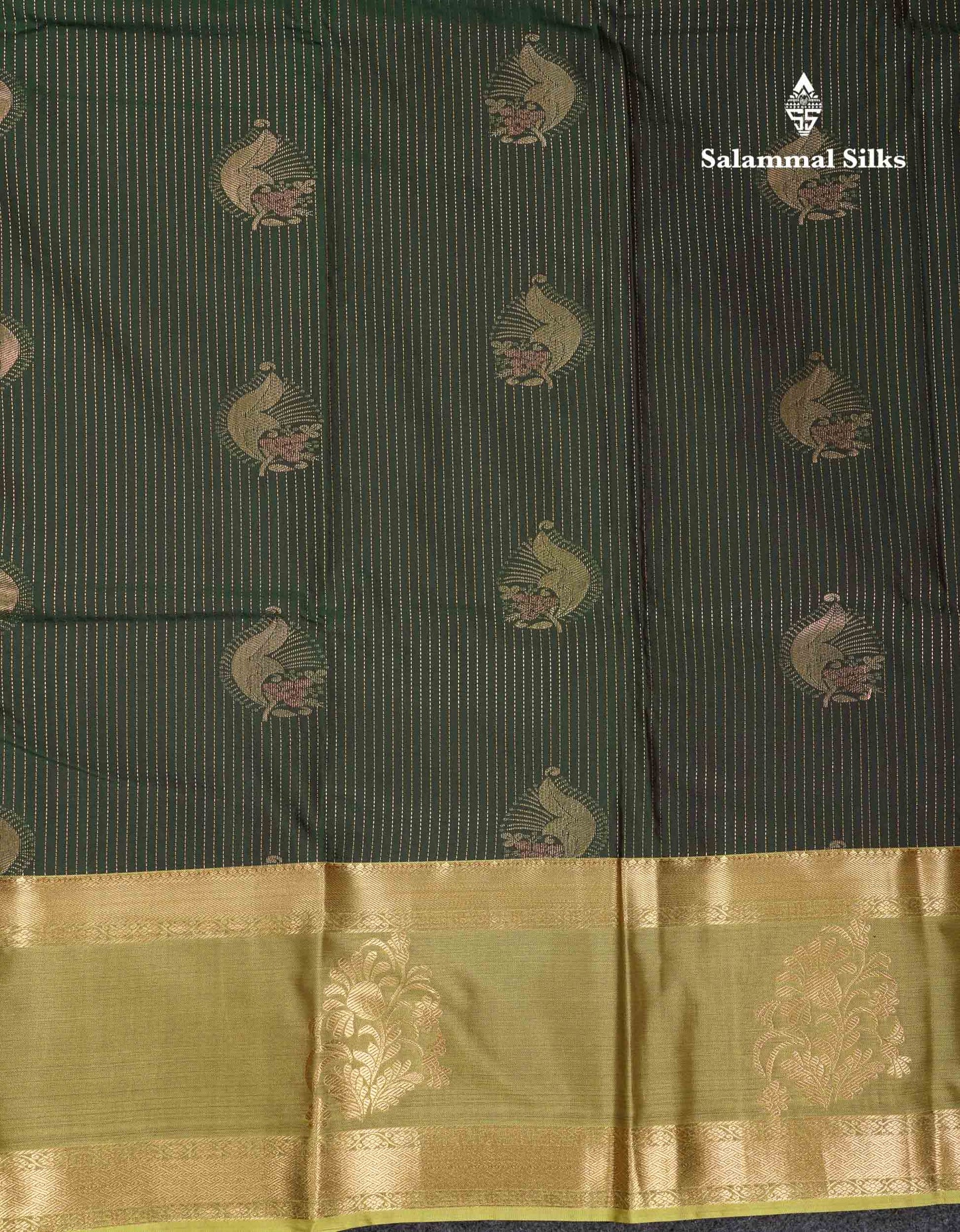 Beautiful Bottle Green Lines And Buttas Semi Silk Saree With Parrot Green Traditional Double Border