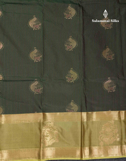 Beautiful Bottle Green Lines And Buttas Semi Silk Saree With Parrot Green Traditional Double Border