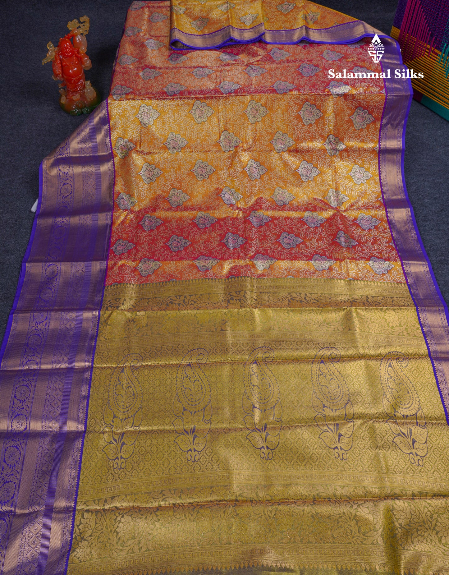 Beautiful Orange Tissue Bridal Semi Silk Saree With Contrast Violet Traditional Evening Morning Border
