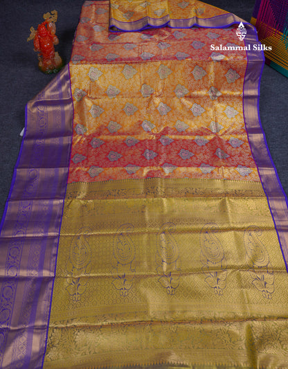Beautiful Orange Tissue Bridal Semi Silk Saree With Contrast Violet Traditional Evening Morning Border