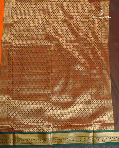 Semi Silk Saree - Orange Colour Body With Contrast Bottle Green Border | 9.5 Yards