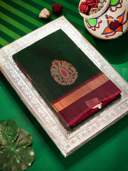 SICO Cotton Saree - Bottle Green Colour Body With Copper Zari Butta & Dual Tone Maroon Border 