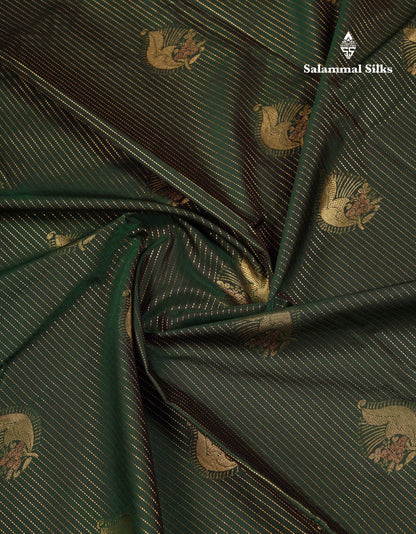 Beautiful Bottle Green Lines And Buttas Semi Silk Saree With Parrot Green Traditional Double Border
