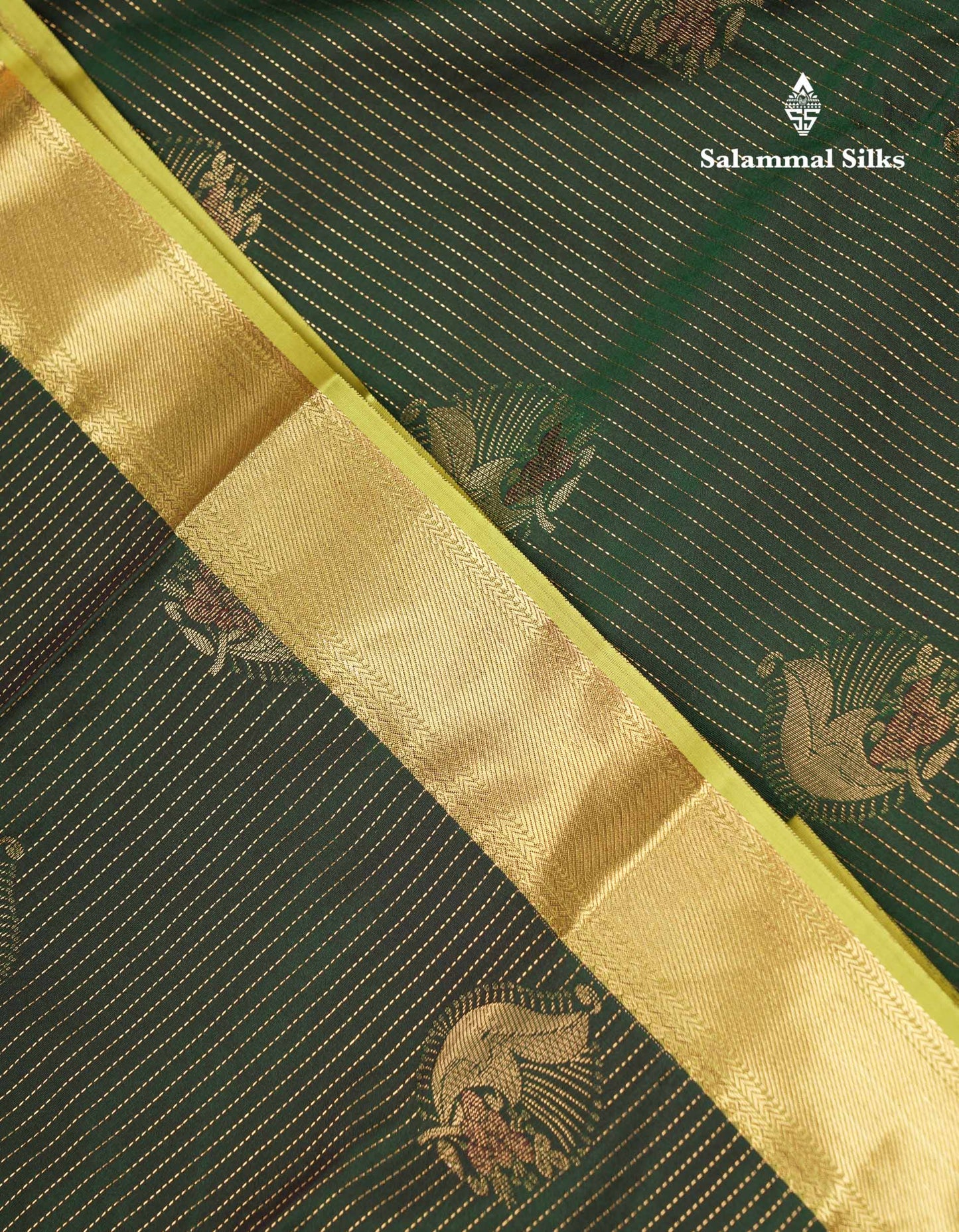 Beautiful Bottle Green Lines And Buttas Semi Silk Saree With Parrot Green Traditional Double Border