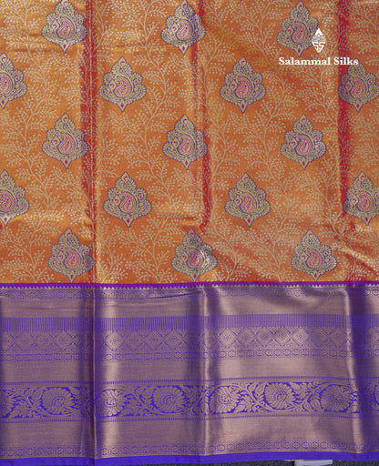 Beautiful Orange Tissue Bridal Semi Silk Saree With Contrast Violet Traditional Evening Morning Border