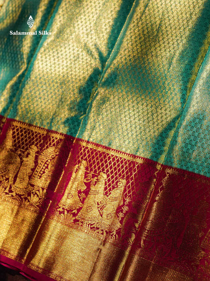Beautiful Rexona Green Tissue Bridal Pure Kanjivaram Silk Saree With Contrast Rani Pink Traditional Evening Morning Pallaku Border