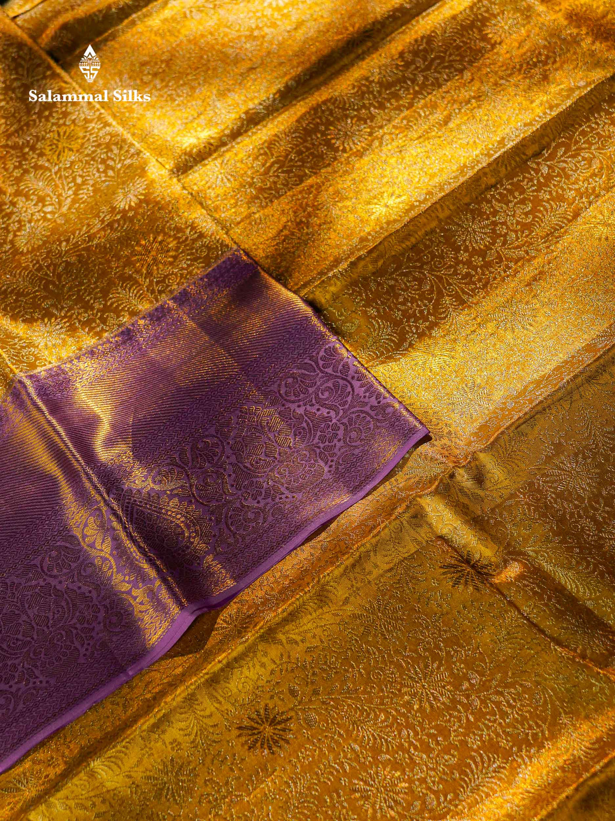 Beautiful Gold Tissue Bridal Pure Kanjivaram Silk Saree With Contrast Lavender Traditional Evening Morning Border