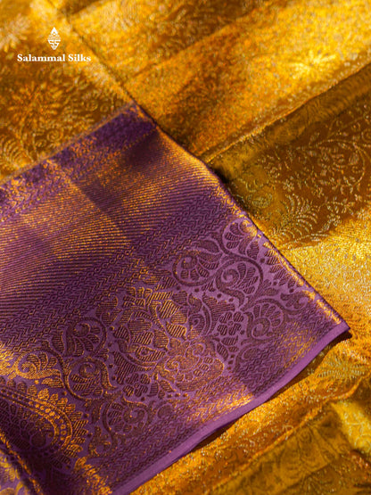 Beautiful Gold Tissue Bridal Pure Kanjivaram Silk Saree With Contrast Lavender Traditional Evening Morning Border