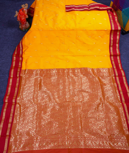 9.5 Yards Semi Silk Saree Yellow with Contrast Maroon Traditional Rettapet Border
