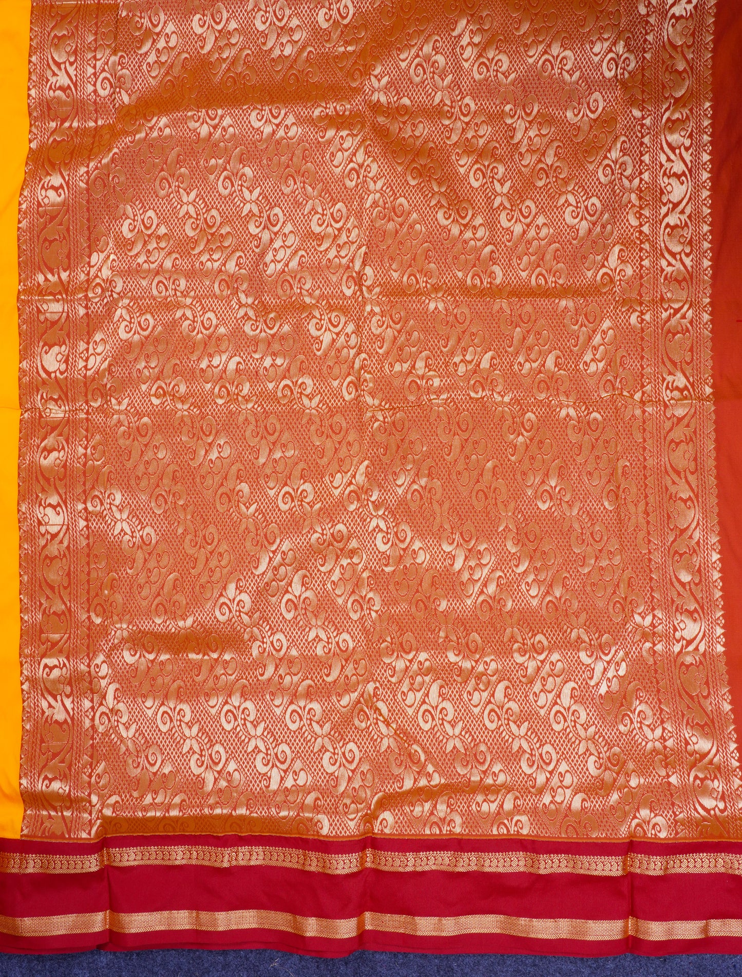 9.5 Yards Semi Silk Saree Yellow with Contrast Maroon Traditional Rettapet Border