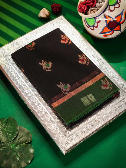 Dark Navy Blue Beautiful SICO Cotton Saree With Bottle Green Border