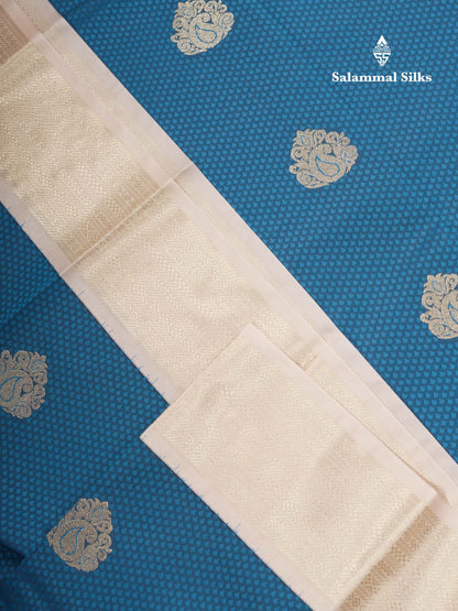 Beautiful Peacock Blue Emboss Design Semi Silk Saree With Cream Traditional Evening Morning Border