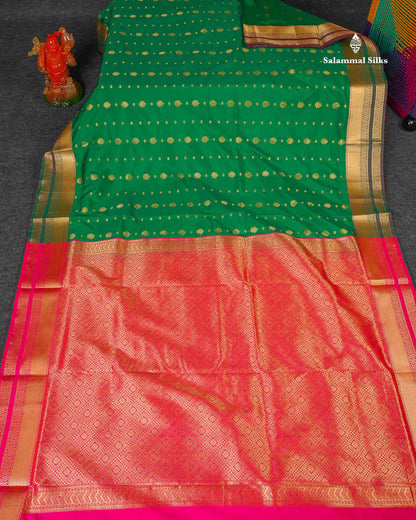 Semi Silk Saree - Bottle Green Colour Body Zari Butta With Traditional Border | 9.5 Yards