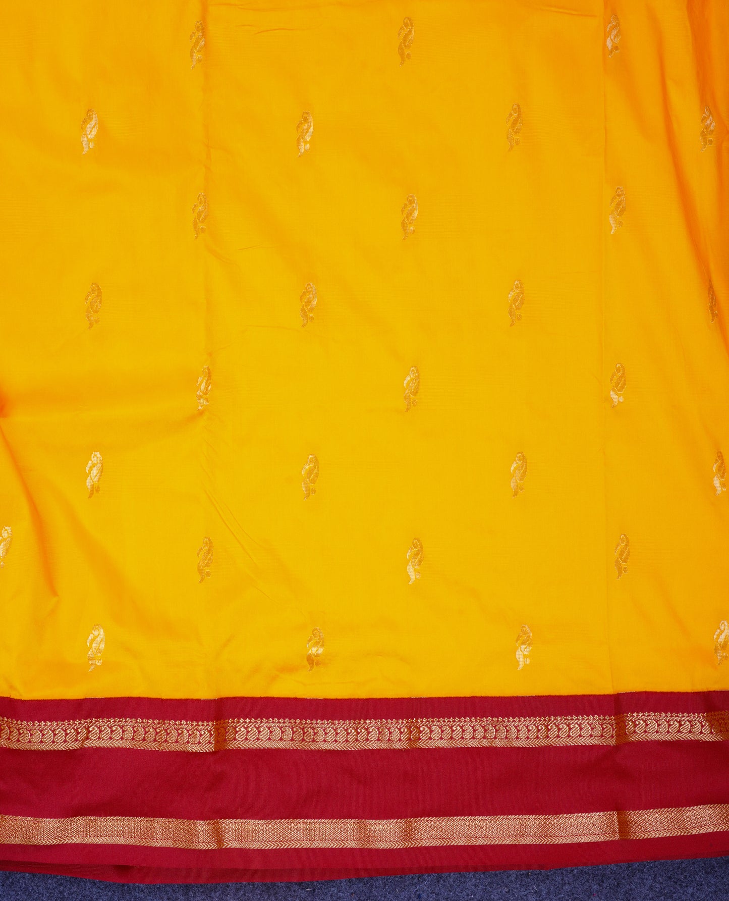 9.5 Yards Semi Silk Saree Yellow with Contrast Maroon Traditional Rettapet Border
