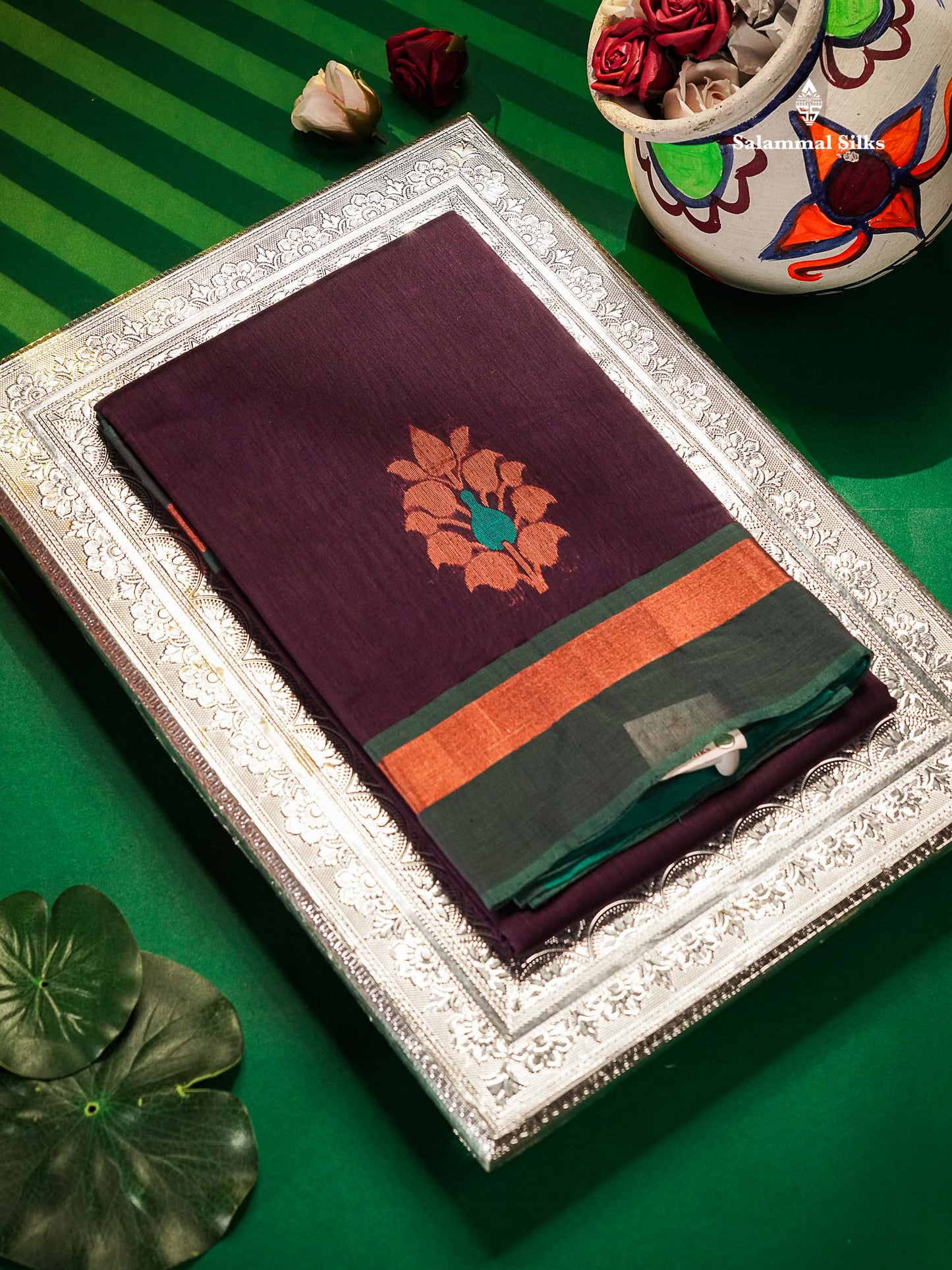 Violet Beautiful SICO Cotton Saree With Sapphire Green Border