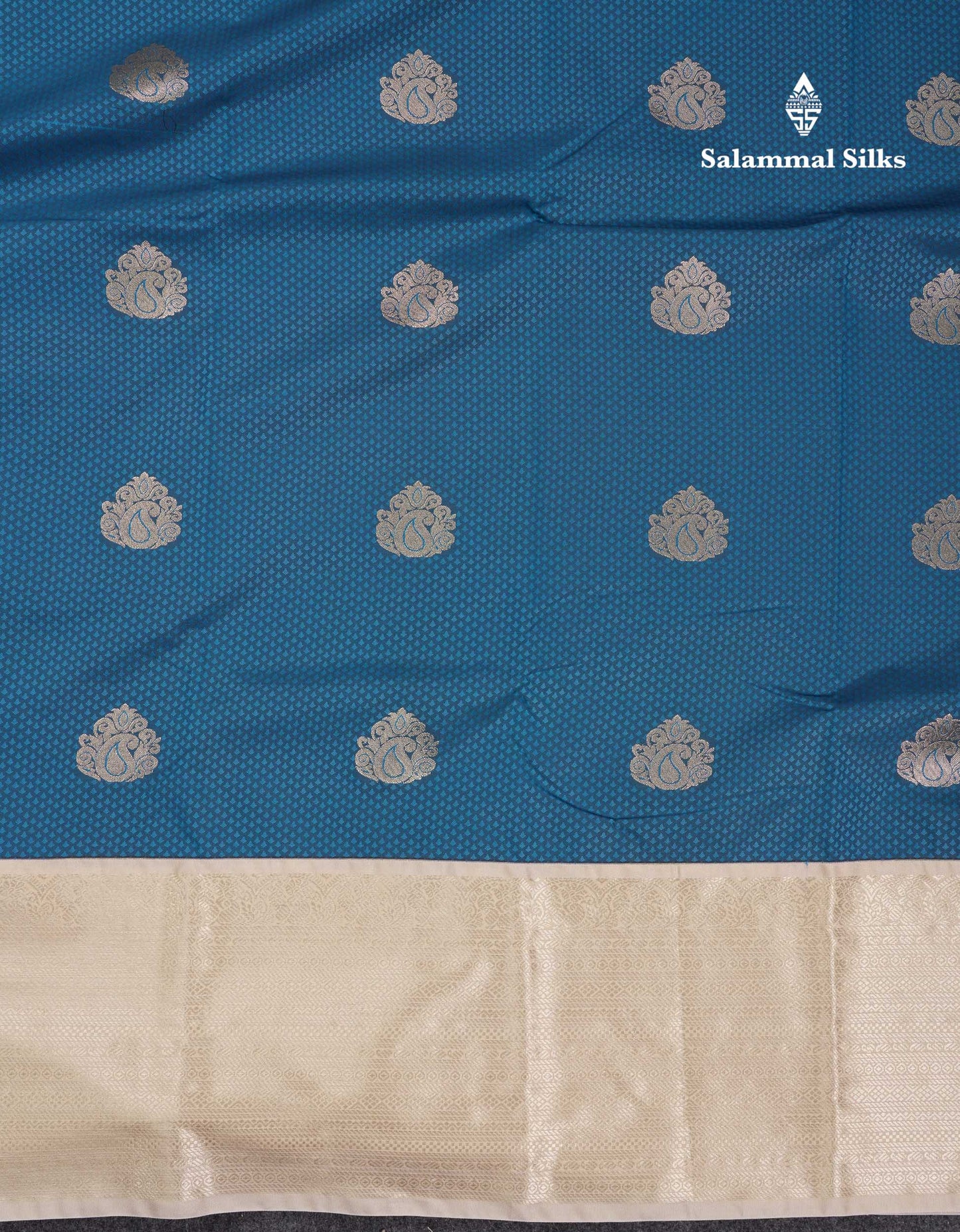 Beautiful Peacock Blue Emboss Design Semi Silk Saree With Cream Traditional Evening Morning Border