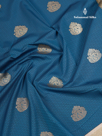 Beautiful Peacock Blue Emboss Design Semi Silk Saree With Cream Traditional Evening Morning Border