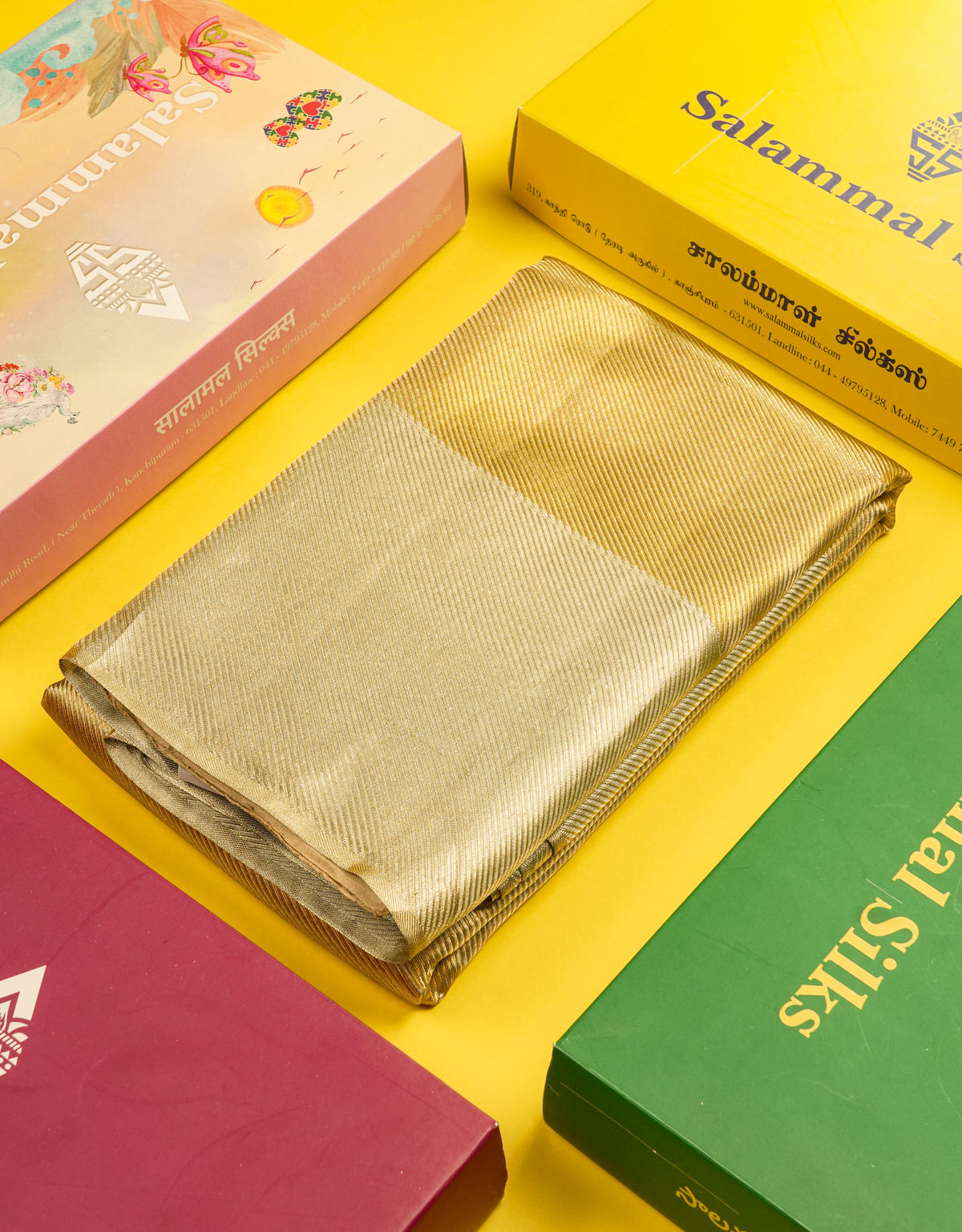 Gold Tissue Bridal Pure Kanjivaram Silk Saree With Contrast Cream Sandal Border