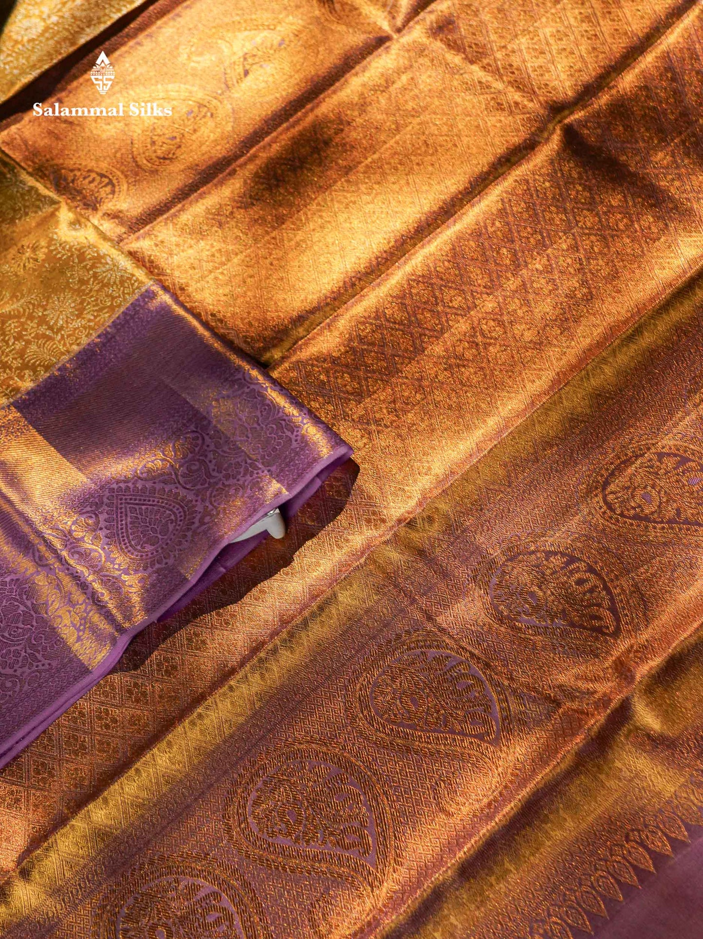 Beautiful Gold Tissue Bridal Pure Kanjivaram Silk Saree With Contrast Lavender Traditional Evening Morning Border