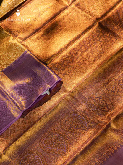 Beautiful Gold Tissue Bridal Pure Kanjivaram Silk Saree With Contrast Lavender Traditional Evening Morning Border