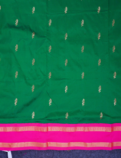 9.5 Yards Semi Silk Saree Bottle Green with Contrast Pink Traditional Rettapet Border