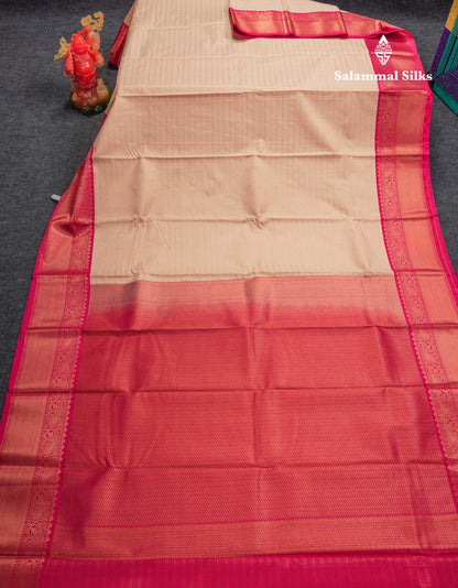 Beautiful Cream Traditional Vaira Oosi Semi Silk Saree With Pink Korvai Border