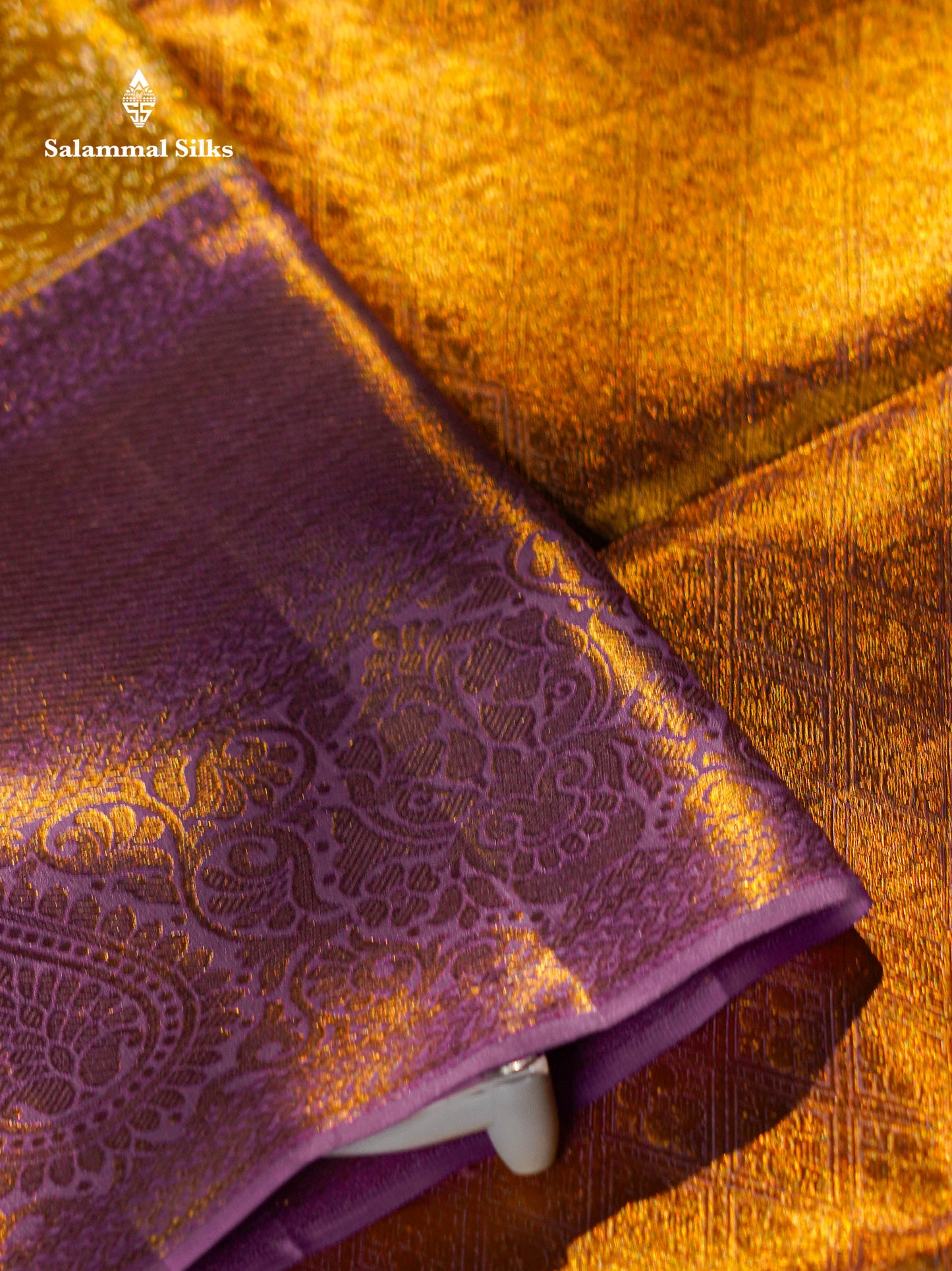 Beautiful Gold Tissue Bridal Pure Kanjivaram Silk Saree With Contrast Lavender Traditional Evening Morning Border
