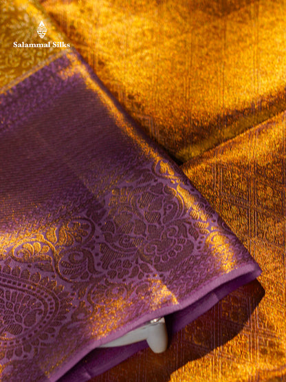Beautiful Gold Tissue Bridal Pure Kanjivaram Silk Saree With Contrast Lavender Traditional Evening Morning Border