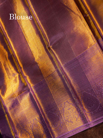 Beautiful Gold Tissue Bridal Pure Kanjivaram Silk Saree With Contrast Lavender Traditional Evening Morning Border