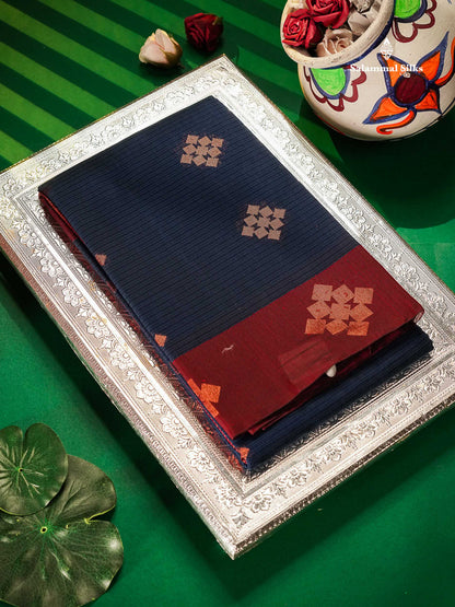 SICO Cotton Saree - Blue Colour Body Lines Zari Butta With Maroon Border