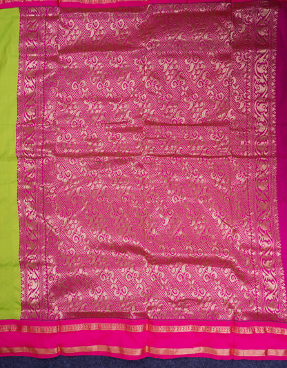 9.5 Yards Semi Silk Saree Parrot Green with Contrast Pink Traditional Rettapet Border